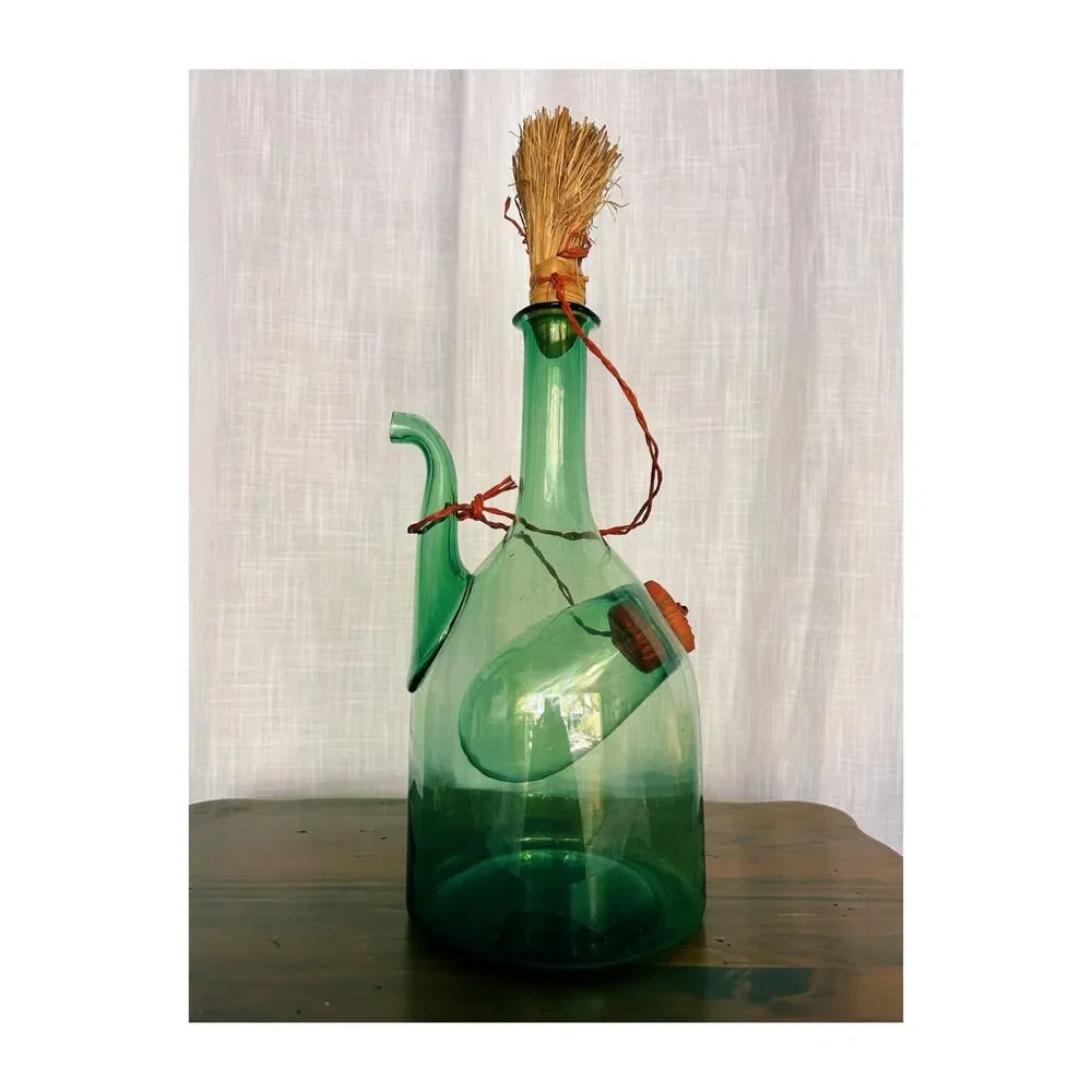 Vintage Italian Green Blown Glass Wine Decanter Ice Chamber Spout Straw Stopper